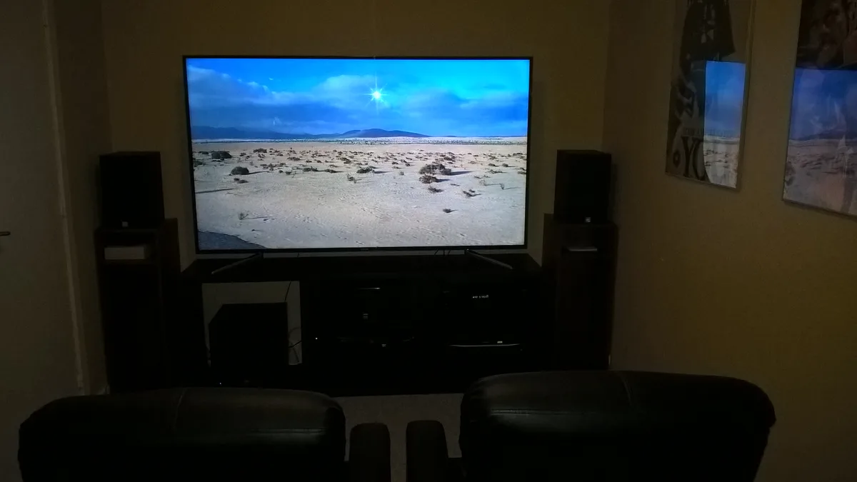 Photo by NPat318, licensed under CC BY-SA 4.0 (Wikimedia Commons) Home theater seating facing a television screen